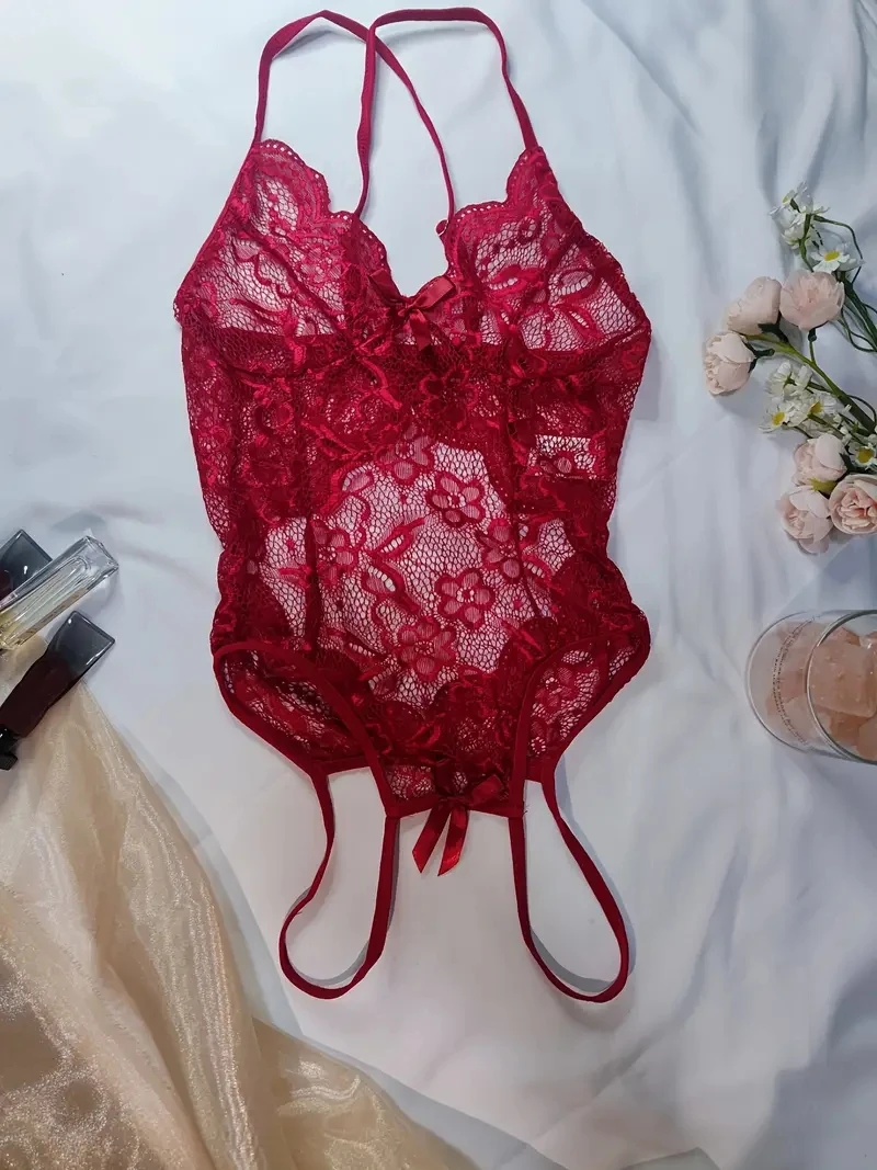 Sexy Adult Floral Lace Open Crotch Teddy Scallop Trim Criss Cross Back Women's Lingerie Underwear women underwear sexy lingerie
