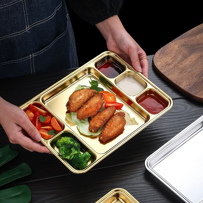 Gold Compartment Dining Plate For Food Serving Trays Stainless Steel Divided Dishes Kitchen Tableware Organization Container 3