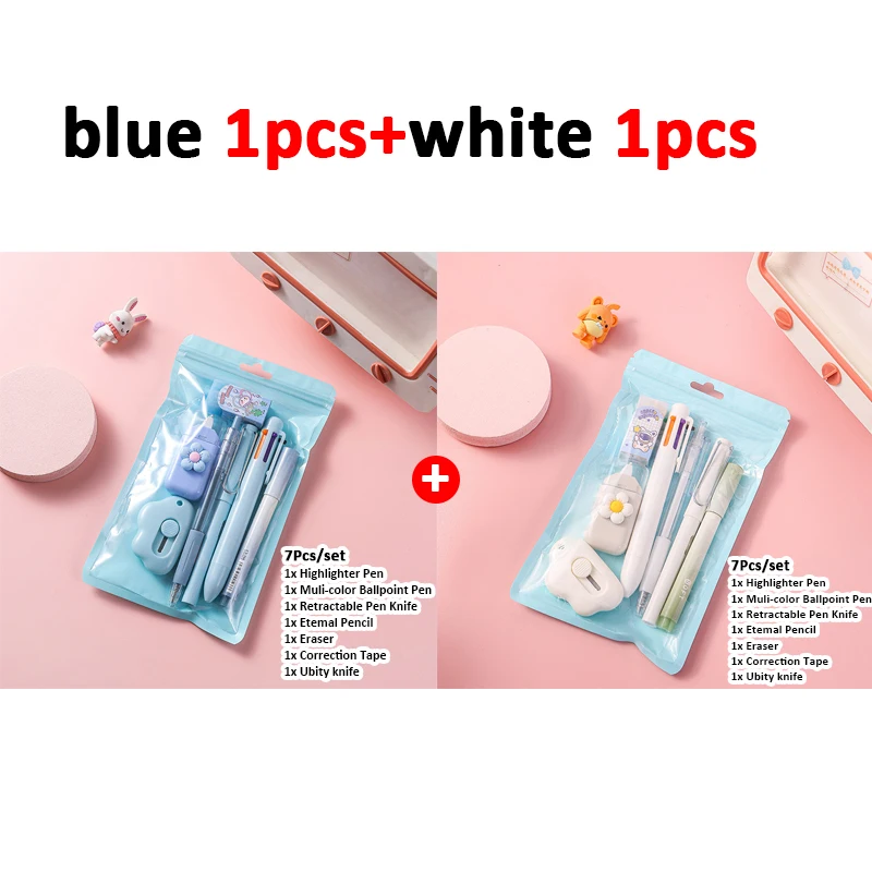 Set Cancelleria Kawaii 7 Pezzi Rosa | Penne, Evidenziatore, Temperamatite, Righello, Coltello Multiuso | Forniture Scolastiche E Ufficio
