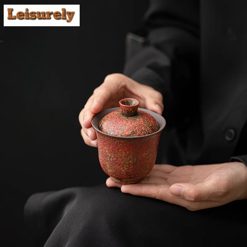 130ml Kiln Change Red Old Rock Mud Gaiwan Retro Tea Tureen Tea Bowl With Lid Kit Tea Maker Cover Bowl Kung Fu Tea Set Decoration