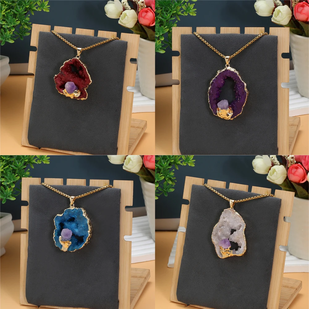 

Irregularly Shape Natural Stone Crystal Necklace Pendants Crystal Cave Wrap Jewelry Necklace Charms Women Stainless Steel 60cm