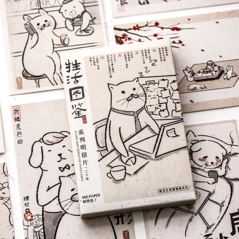 Art Postcards 30 Pcs/Set Japanese Bobcat Series DIY Hand Painted Cartoon Cat Greeting Cards Message Gift Stationery