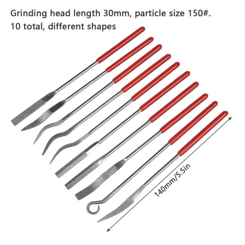 10Pcs Assorted Mini Diamond Files, Small Jewelers Hand Needle File Set, Round Handle Rifler Files Tool for Wood 6