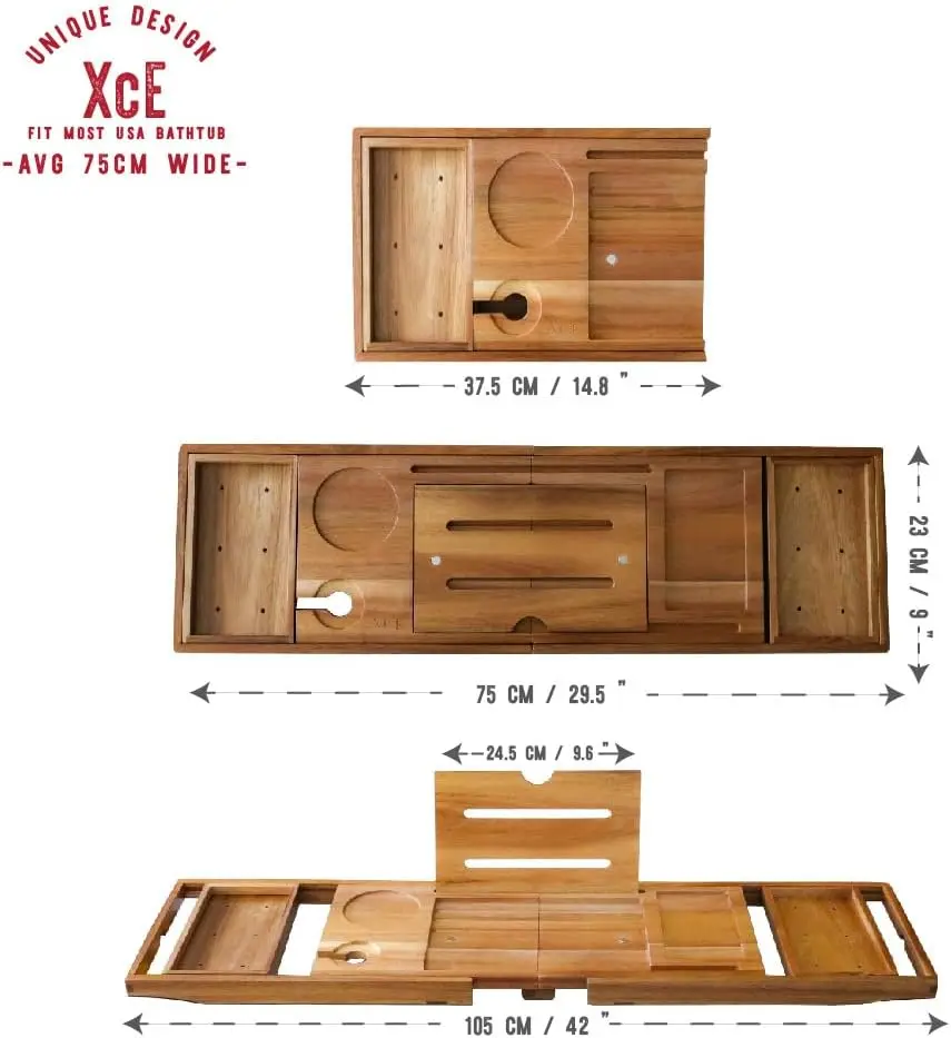 Foldable Bathtub Tray Expandable to 105cm for Luxury Bath, Bath Tray for Bathtub (Acacia Wood)