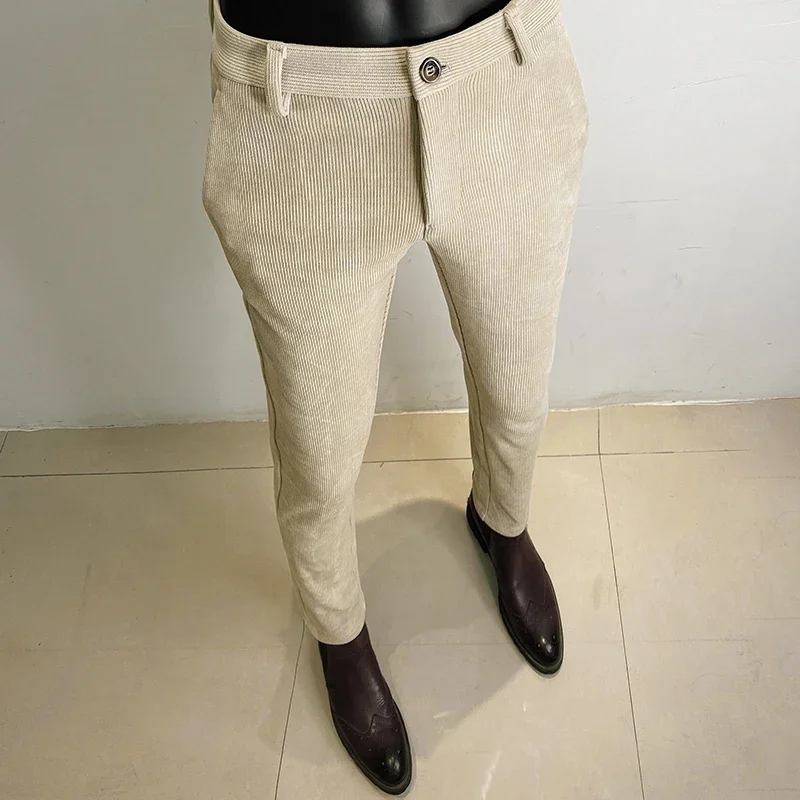Autumn Winter Men Corduroy Pants Trousers Woolen Thicken Keep Warm Stripe Casual Slim Fit Dress Pants