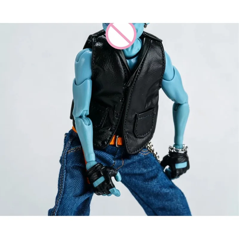 Maßstab 1:12, männliche Weste aus PU-Leder, schwarzes T-Shirt, Jeans, Soldatenkleidungsmodell für 6-Zoll-Romankey Notaman Actionfigur-Körper