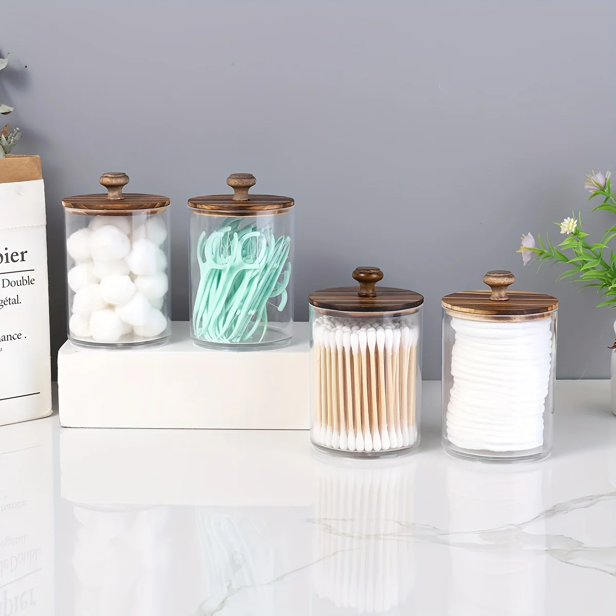 2/4 Pack Holder - Restroom Bathroom Organizers and Storage Containers, Clear Plastic Apothecary Jars with Wood Lids 4