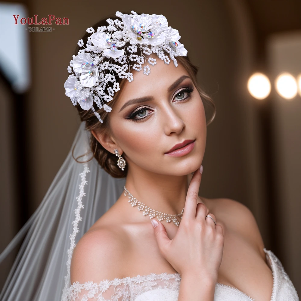 TOPQUEEN Bridal Hair Hoop Wedding Faux Pearl Hair Accessories Colorful Rhinestone Headband Shell Flower Hair Decoration HP675
