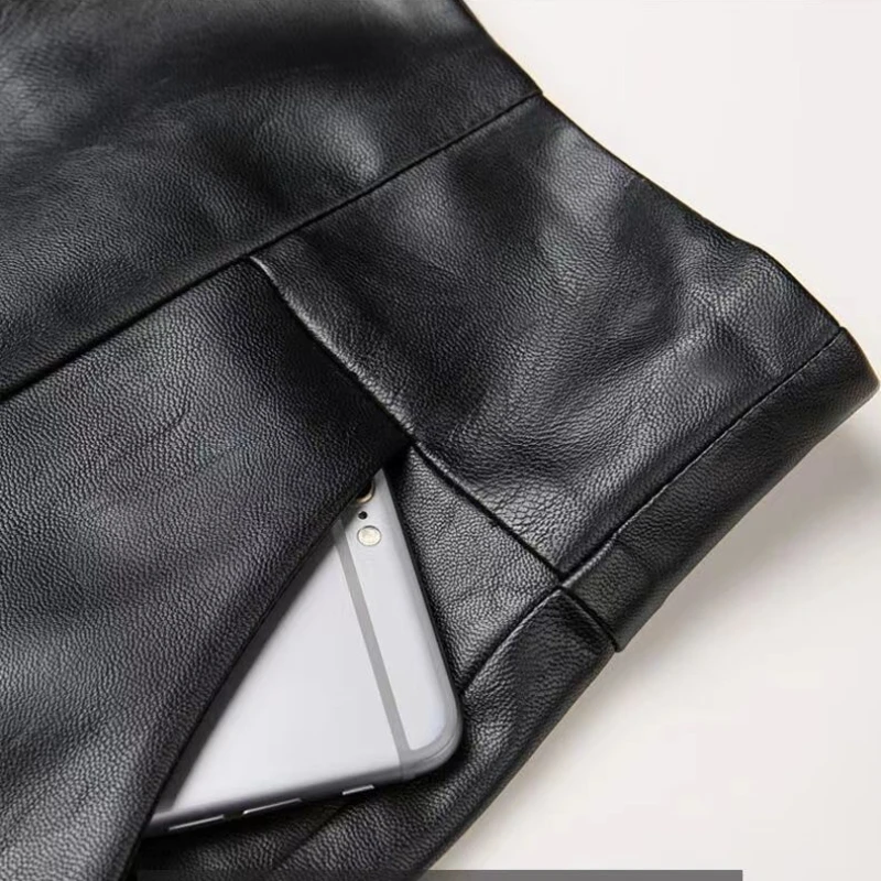 2023 Women High Waist Leather Shorts Autumn Winter A- Line Slim-Fit Wide Leg PU Leather Pants Female fashion Black Boot Pants