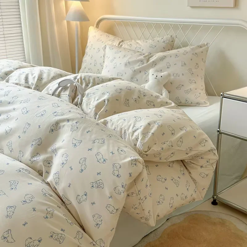 Queen Bedding Set Reactive Printed Bed Sheet Sets Washed Polyester Soft Duvet Cover Bed Sheet Pillowcase Cartoon Bedding Bed Set 1