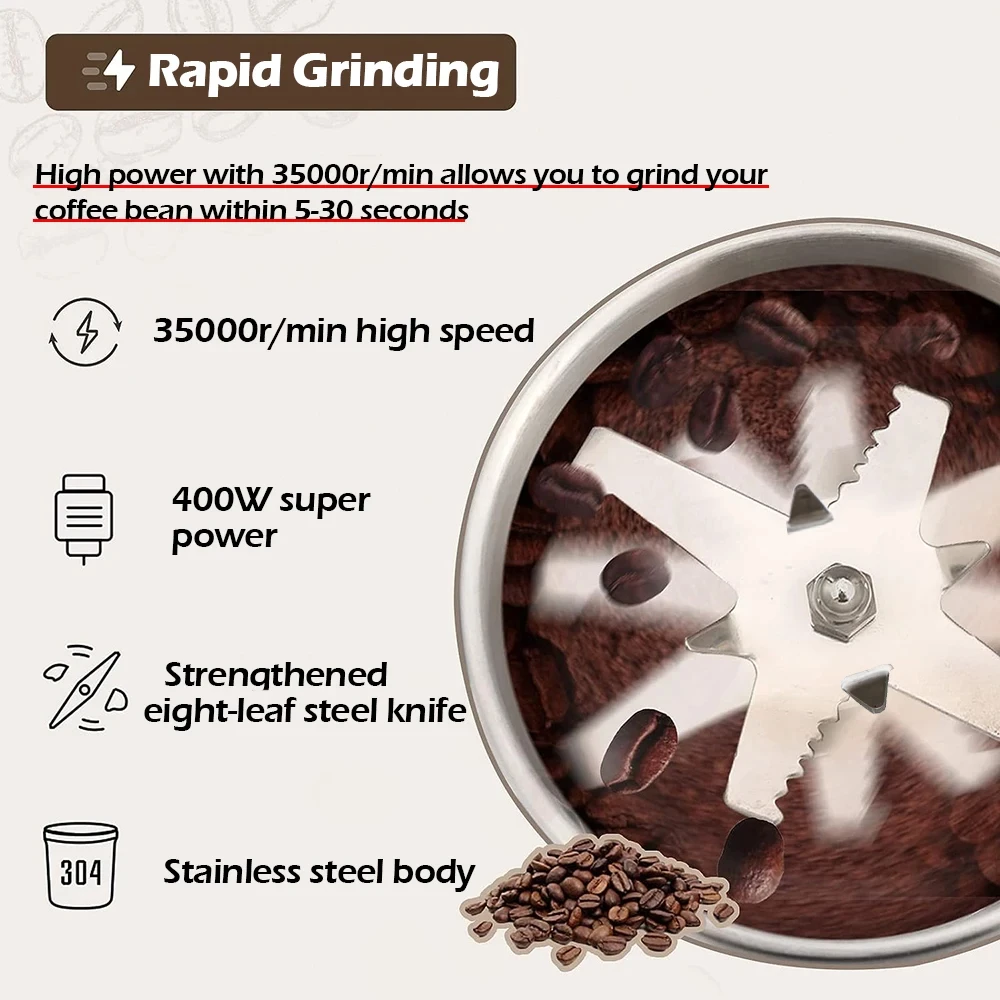 Electric Grinder 400W 304 Stainless Eight Page Blade Fast Grinding Multifunction for Home