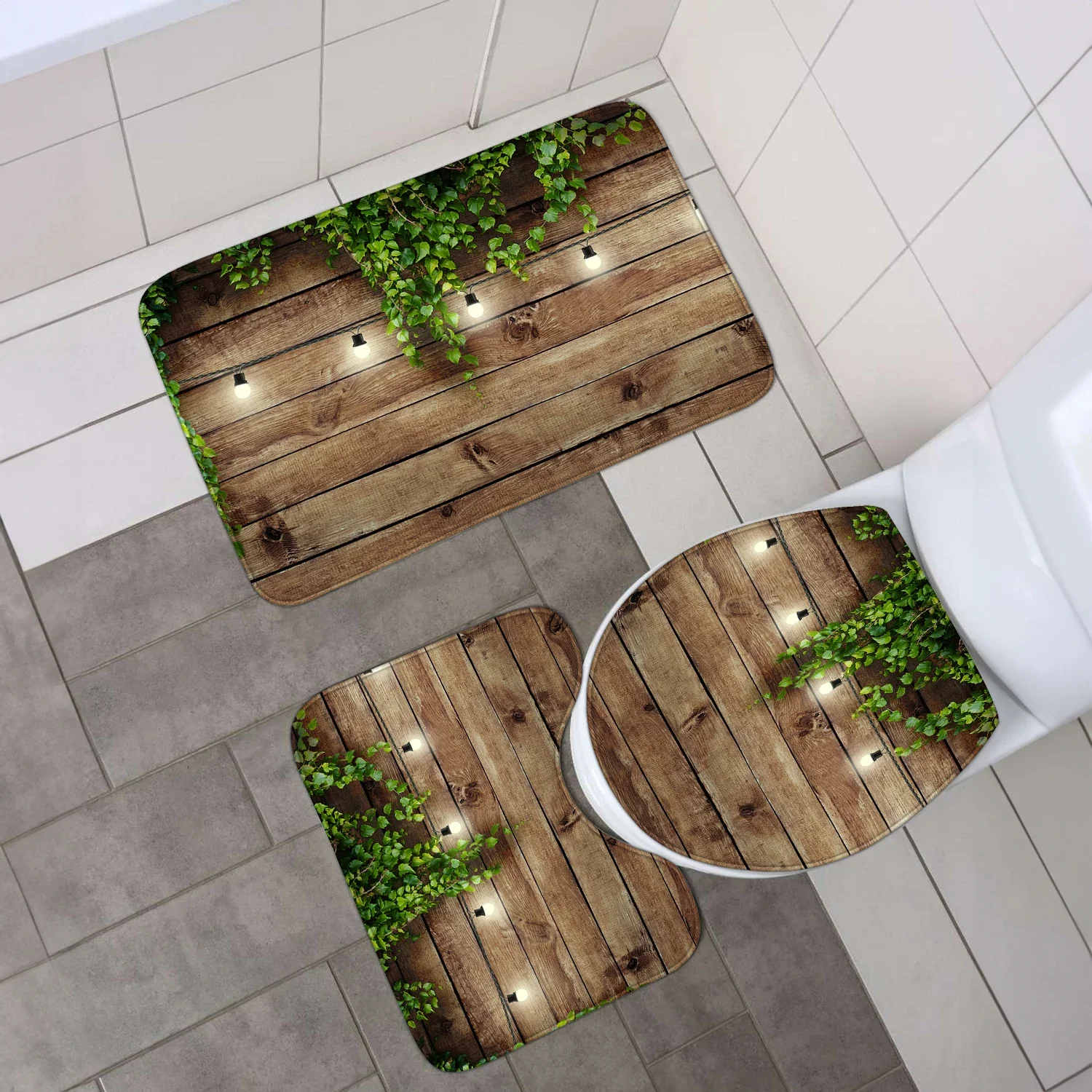 4-piece set of ivy and brown wooden board printed waterproof shower curtain, with 12 hooks and bathroom floor mats 3