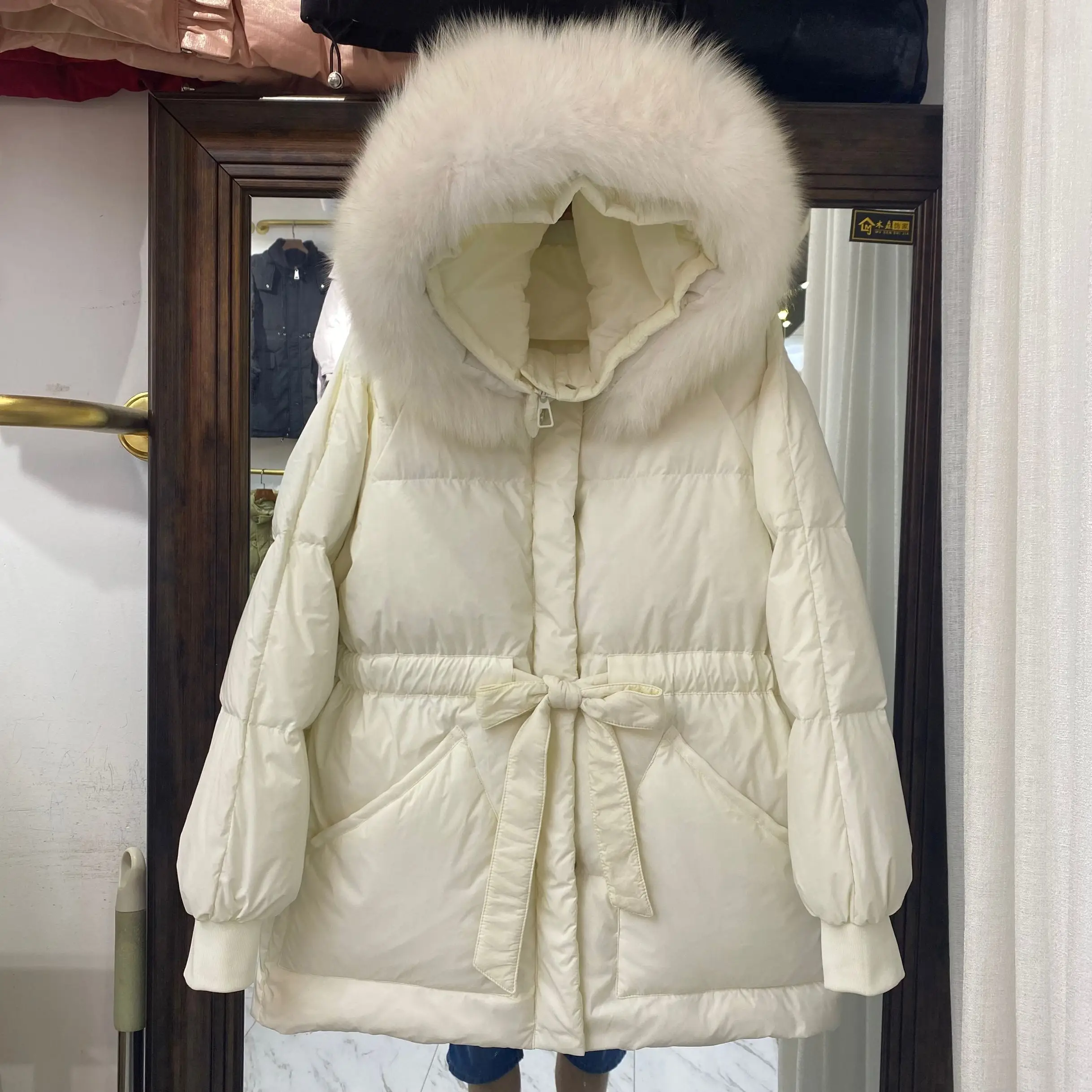 

2022 Winter New Thickened Warm Hooded Down Jacket Women Parkas Korean Big Fur Collar Slim Waist Mid-Length White Duck Down Coat