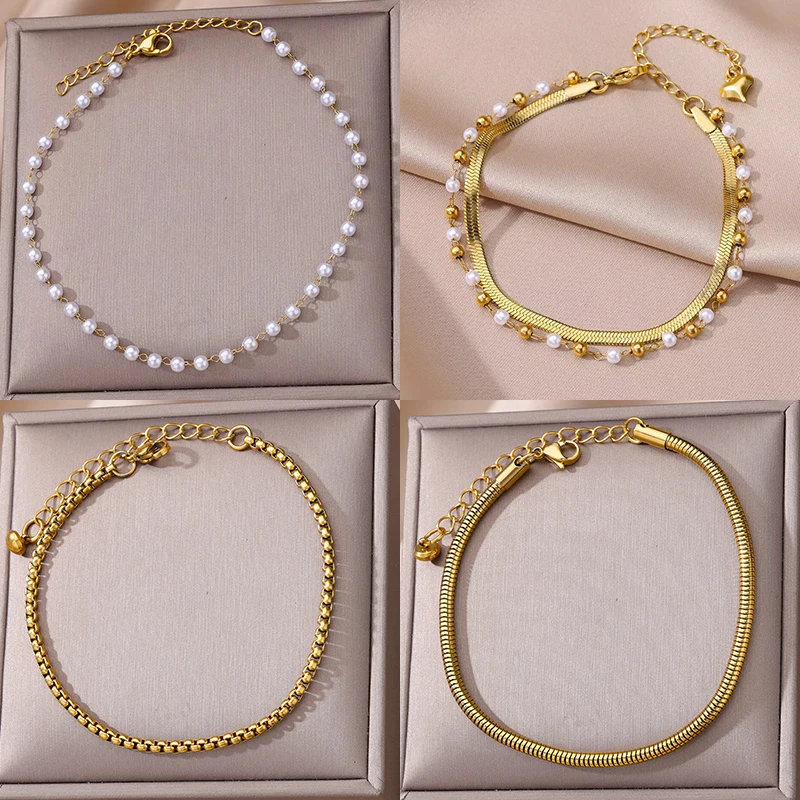 Elegant Stainless Steel Pearl Chain Anklet For Women Girls 18K Gold Plated