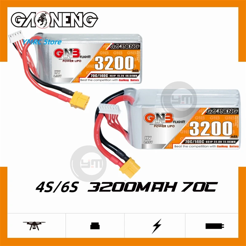 

Gaoneng GNB 3200mAh 4S/6S 15.2V/22.8V 70C HV LiPo Battery with XT60/XT90/T-Plug Plug for FPV RC Drone Fixed Wing Helicopter