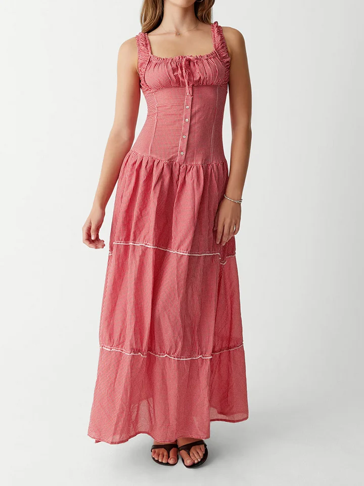 Women Summer Sleeveless Plaid Ruffle Dress