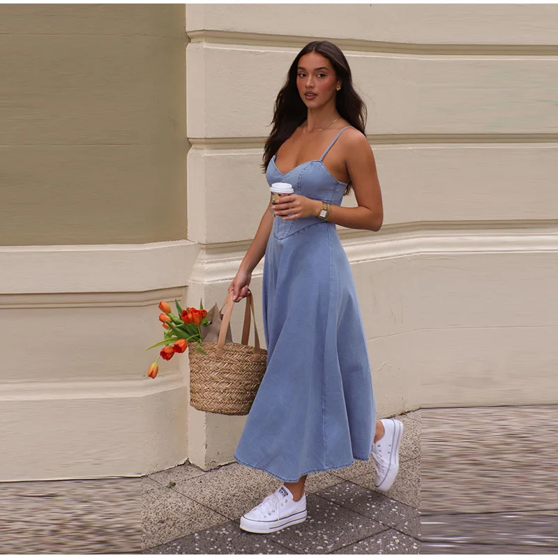 Damen-Maxikleid mit Trägern, ärmellos, gewaschener blauer Denim, weiblich, trendig, Sommer, Strand, Party, Streetwear, lange Kleider für den täglichen Gebrauch – Detail 1