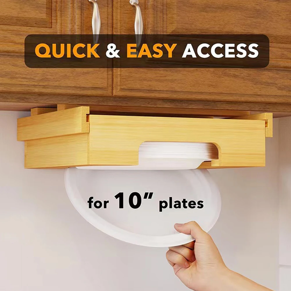 10-Inch Bamboo Paper Plate Organizer Countertop Paper Plate Holder Paper Tray Storage Rack for Kitchen Vertical Plate
