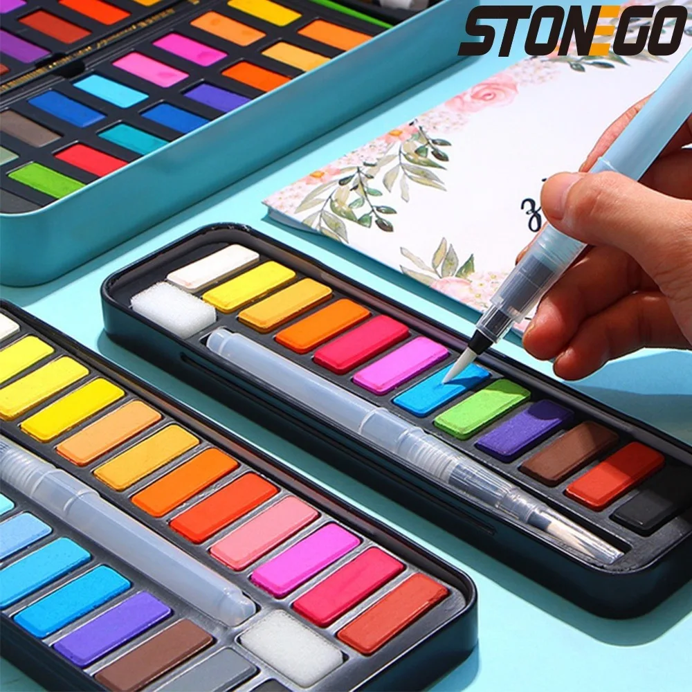 STONEGO 12/18/24 색상 수채화 물감 세트 휴대용 금속 상자 (수채화 브러쉬 포함) 학교 어린이 전문 미술 용품