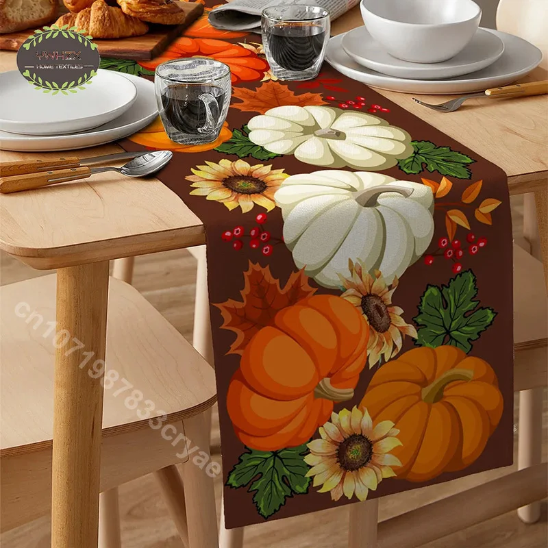 

Autumn Thanksgiving Table Runners Linen Plaid Pumpkins Dining Table Decoration Indoor Outdoor Tablecloth Holiday Party Decor