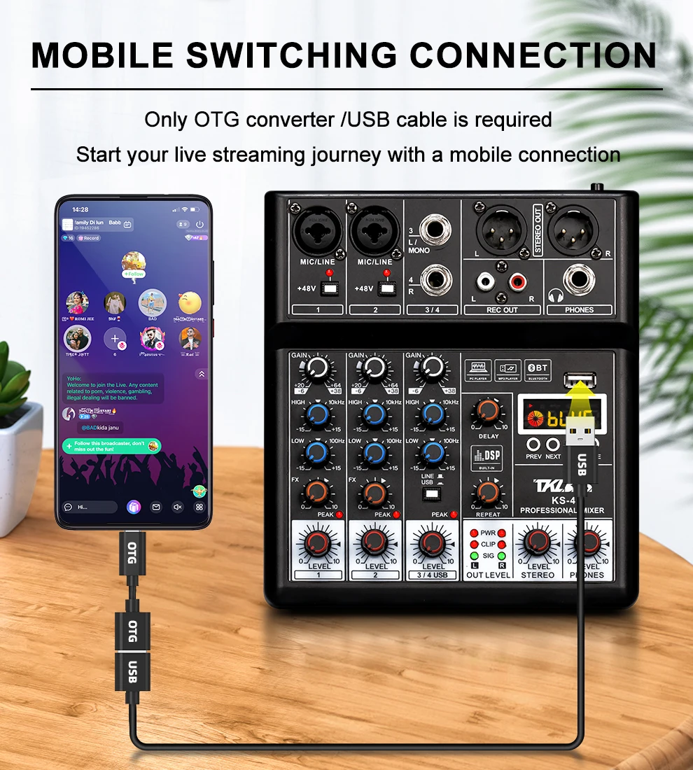 TKL KS-4 Mixer Profissional 48V Phantom Power DSP Bluetooth USB Mixing Console Desempenho audio mixer