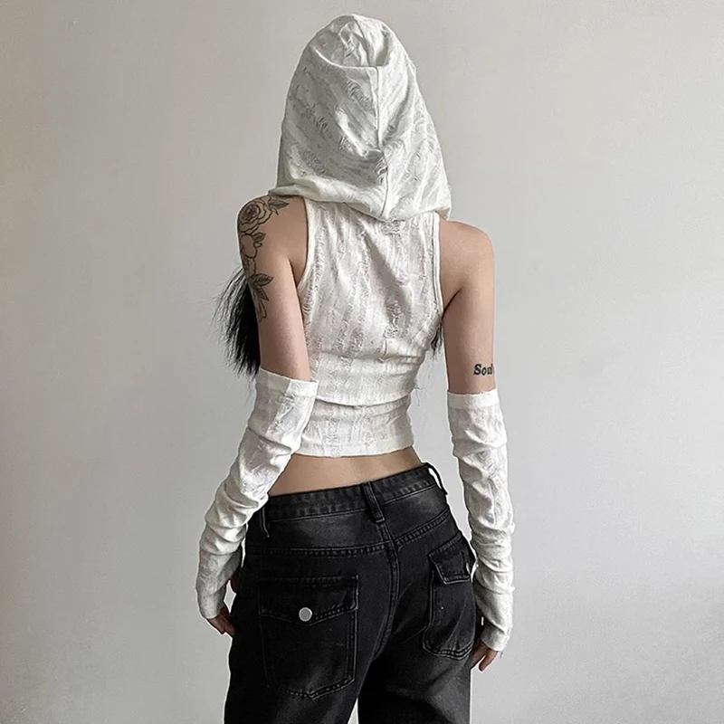 Sexy Hole Oversleeve Crop Top Women Aesthetic Black T-shirts Y2K Retro Hooded Tops Streetwear Punk Tee Shirt Summer