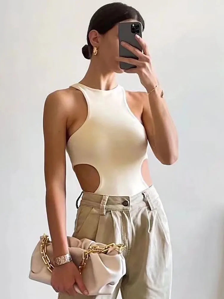 

BBWM 2022 New Women Solid Color Cutout Bodysuit Ladies Sexy Sleeveless O Neck Bodysuit