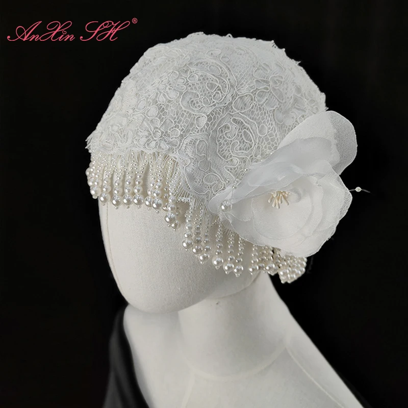 Anxin Sh Vintage White Flower Lace French Princess Perline Perle Cappello Da Sposa Party Antique Bride Wedding Dress Velo Cap