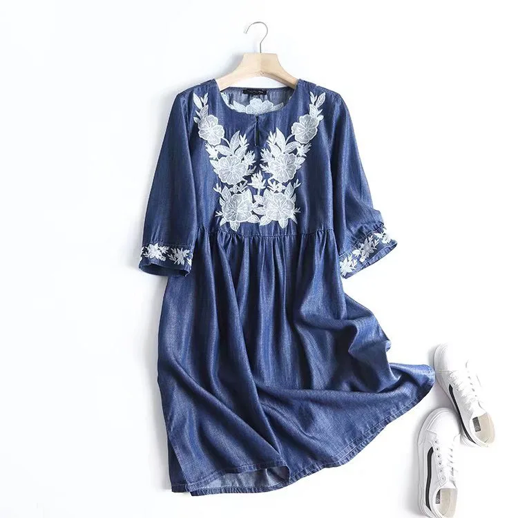 Summer Embroidered Denim Dress Women Light Blue O Neck Half Sleeves Soft Jeans Dress Casual High Waist Dress Cotton - AliExpress 200000345 Summer Embroidered Denim Dress Women Light Blue O Neck Half Sleeves Soft Jeans Dress Casual High Waist Dress Cotton - AliExpress 200000345