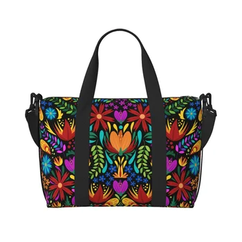 Mexican Flowers Art Travel Duffle Bag Lightweight Weekender Overnight Bags Boho Art Floral Tote Handbag for Sports Gym Yoga