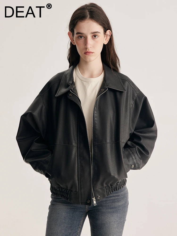 

DEAT Fashion Women's PU Leather Jackets Lapel Long Sleeves Zipper Short Loose Elastic Suede Coat Lady Autumn 2023 New 7AB671