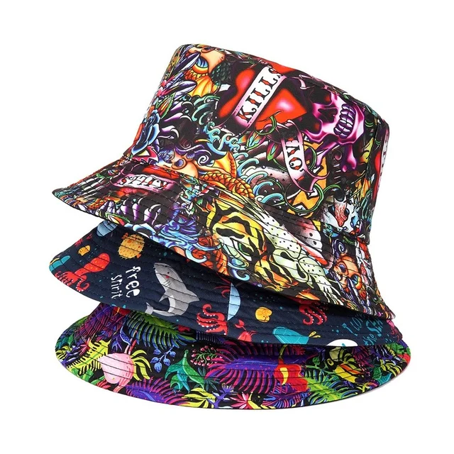 Summer Sun Protection Bucket Hat for Men Women Panama Cap Print Hip Hop Gorros Fishing Fisherman Hat Double Side Wear Fashion 1
