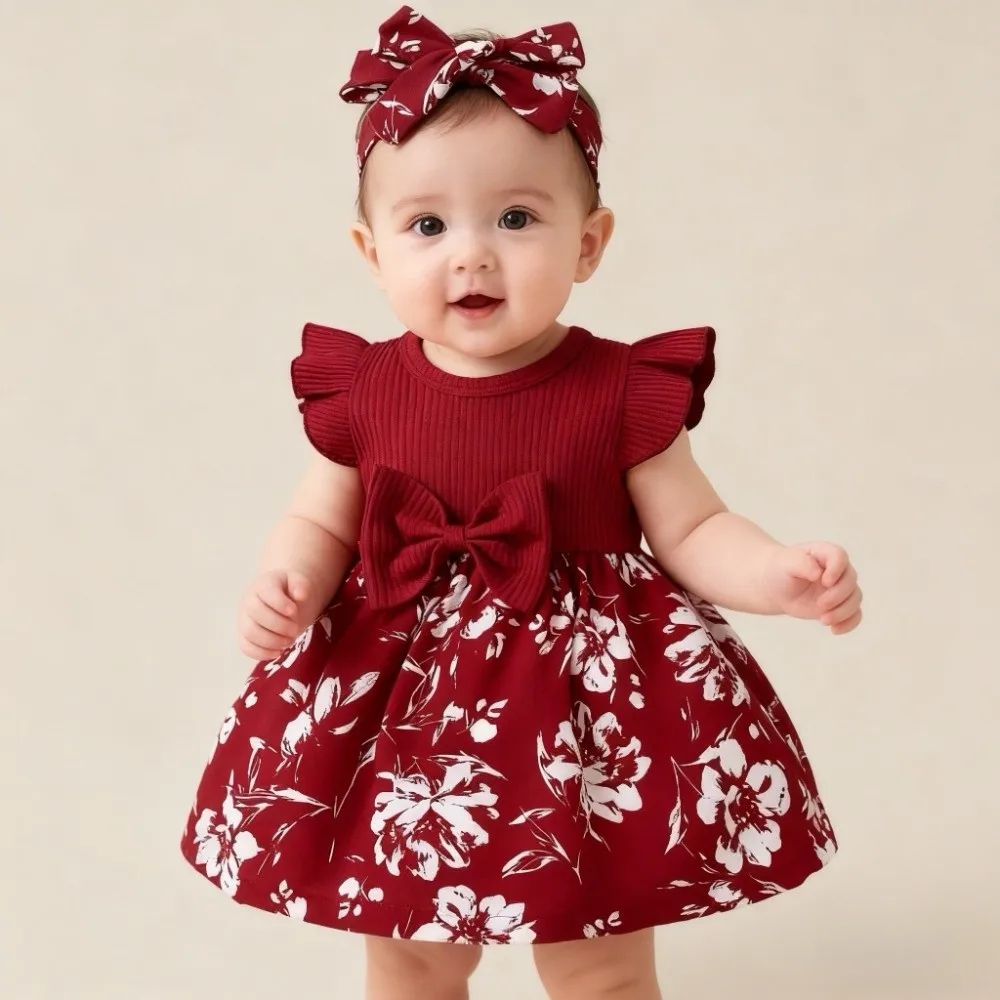 Bow Baby Girl Dress Cotton Short Sleeve Newborn Clothes Set Soft with Headband Socks Infant Red Princess Dress Photoshoot Outfit