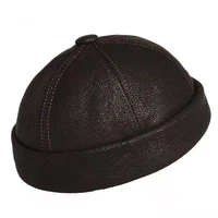 Retro Real Leather Hat Men Genuine Sheepskin Cap Male Brimless Warm Round Skullcap Winter Fashion Docker Sailor Tan Bone Bonnet 1