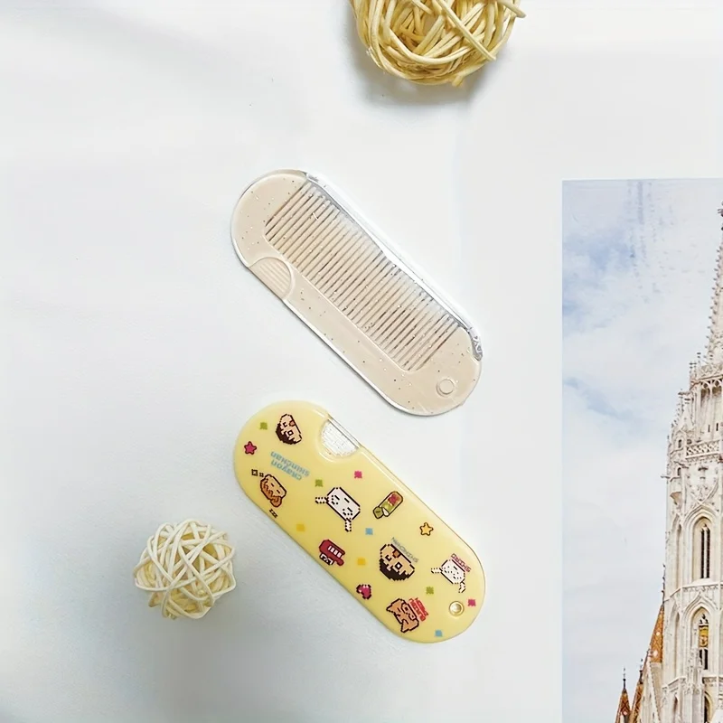 1pc  Comb Set Cartoon Folding Mirror, Mini Portable Pocket Size, ABS Plastic Handle, Plastic Bristle, for Normal Hair