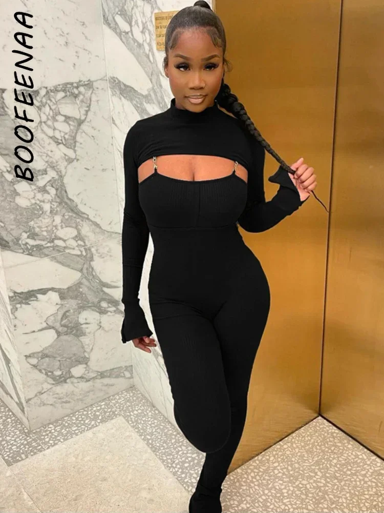 Boofeenaa One Long Sleeve Bodycon Jumpsuit Women Winter Clubwear