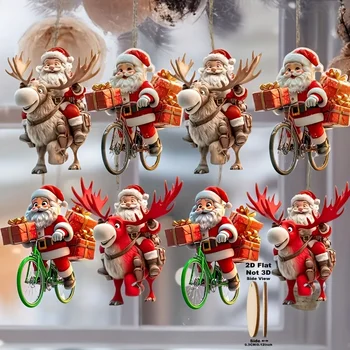 8/16/24Pcs Christmas Wooden Bicycle Santa Claus 2D Flat Wooden Pendant Christmas Tree Decoration Perfect Holiday Gift Decor 1