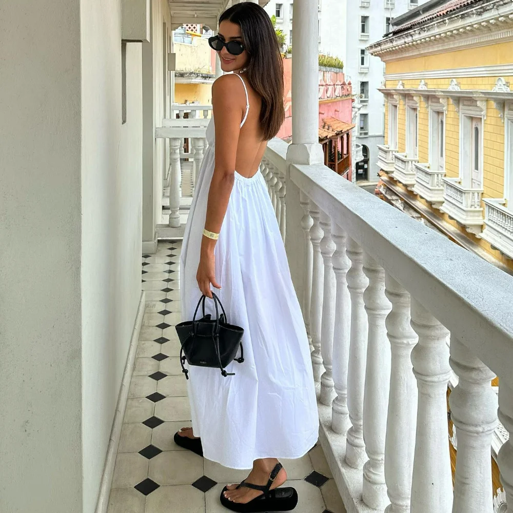 

White Backless Maxi Dress Casual Elegant Spaghetti Strap Long Dress for Women Summer Sleeveless Holiday Vacation Bohe Dress 2023
