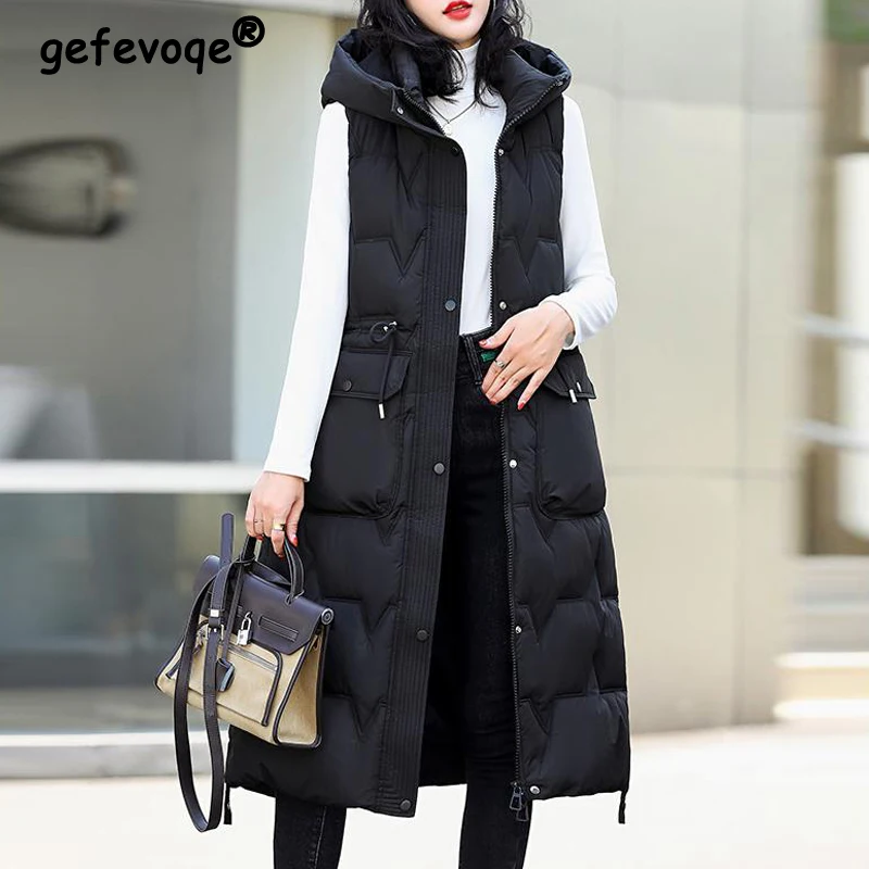 Autumn Winter Women Elegant Fashion Down Cotton Padded Coat Loose Sleeveless Zipper Hooded Jacket Vest Casual Quilted Long Parka