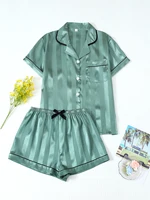 Ensemble deux pièces en Satin à revers rayé, haut à manches courtes avec poches et Short à nœud, pyjama pour femmes, vêtements de détente, adapté à un usage domestique 1
