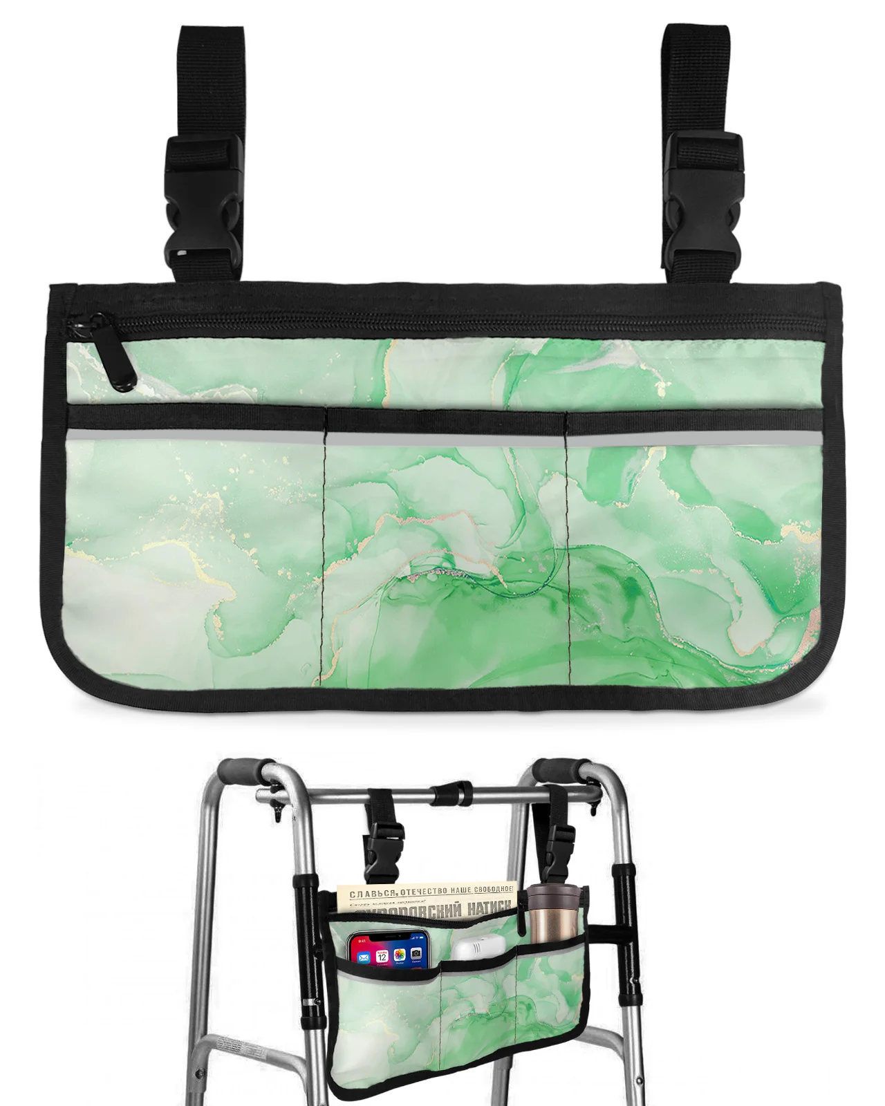 

Marble Texture Gradient Green Wheelchair Bag With Pockets Armrest Side Bags Electric Scooter Walking Frame Storage Pouch