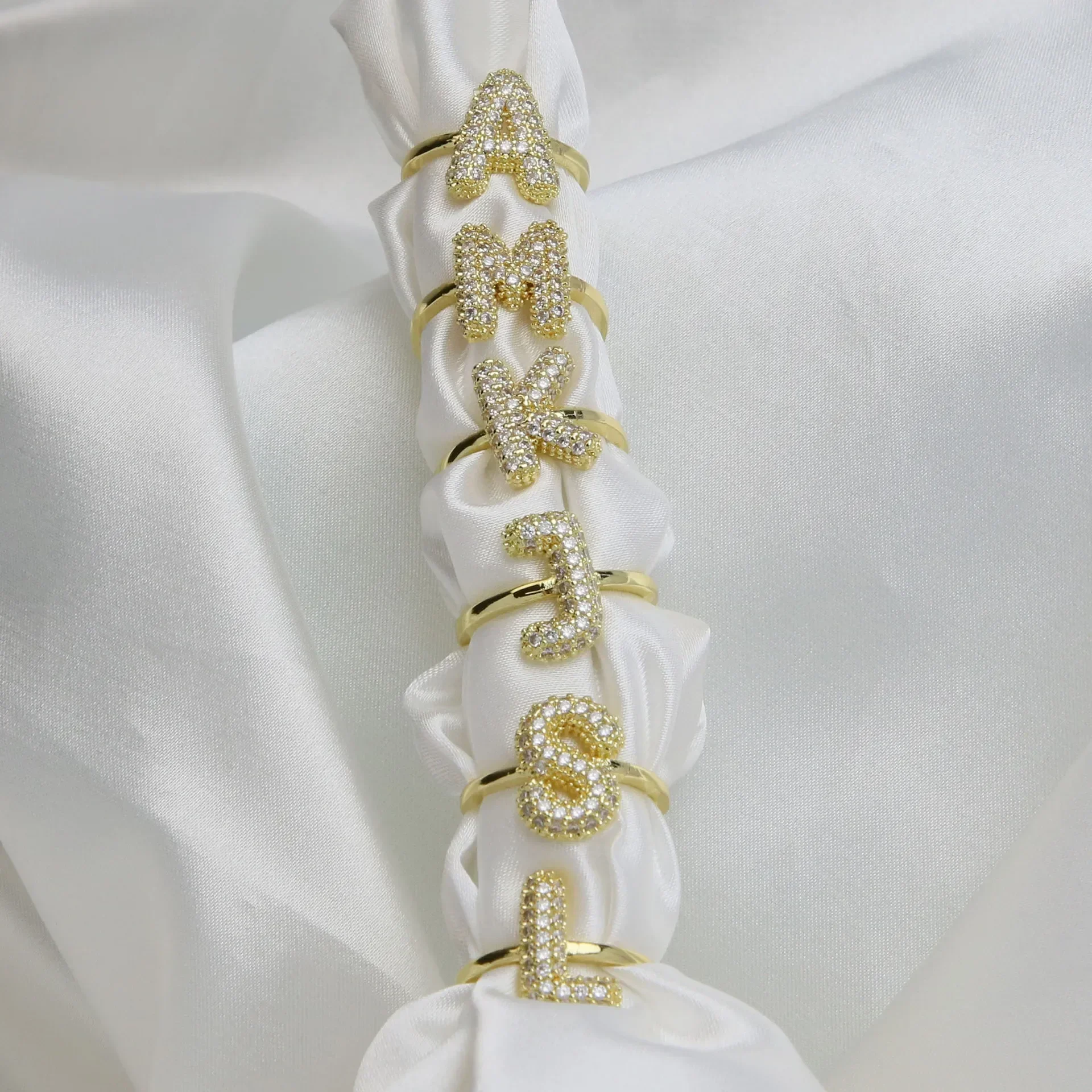 Sparkly CZ Zircon Letter Initial Finger Ring for Women Adjustable Gold Plated Balloon Bubble A-Z Alphabet Chunky Rings Jewelry