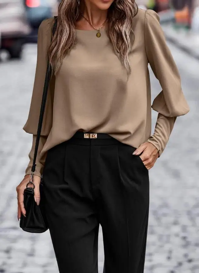 Women's Blouses Tops Fall 2023 New Fashion Solid Color Round Necklong Sleeve Tops Elegant Gigot Sleeve Buttoned Ruched Top