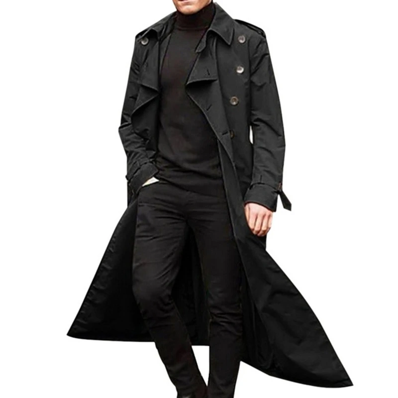 Men Overcoat Vintage Long Trench Coat Men Double Breasted Jacket Coats Mens Business Black Long Solid Windbreak Coat Outwear