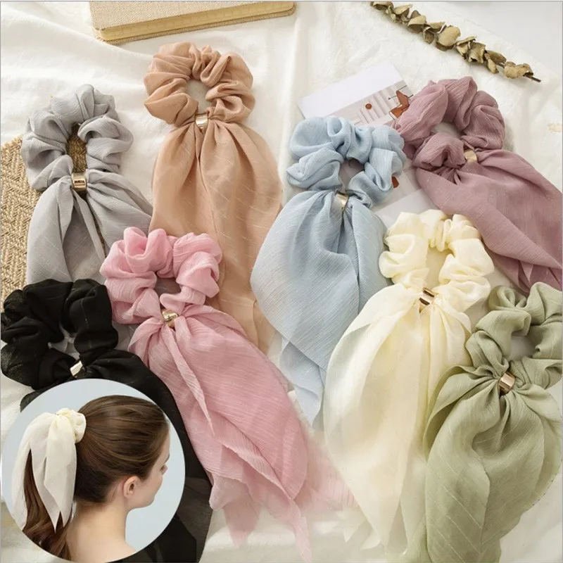 [HAS] 韓国ヘアアクセ☆HA043 Chiffon long ribbon hair tie Fashion Chiffon Scrunchie Long Ribbon Elastic Hair Band