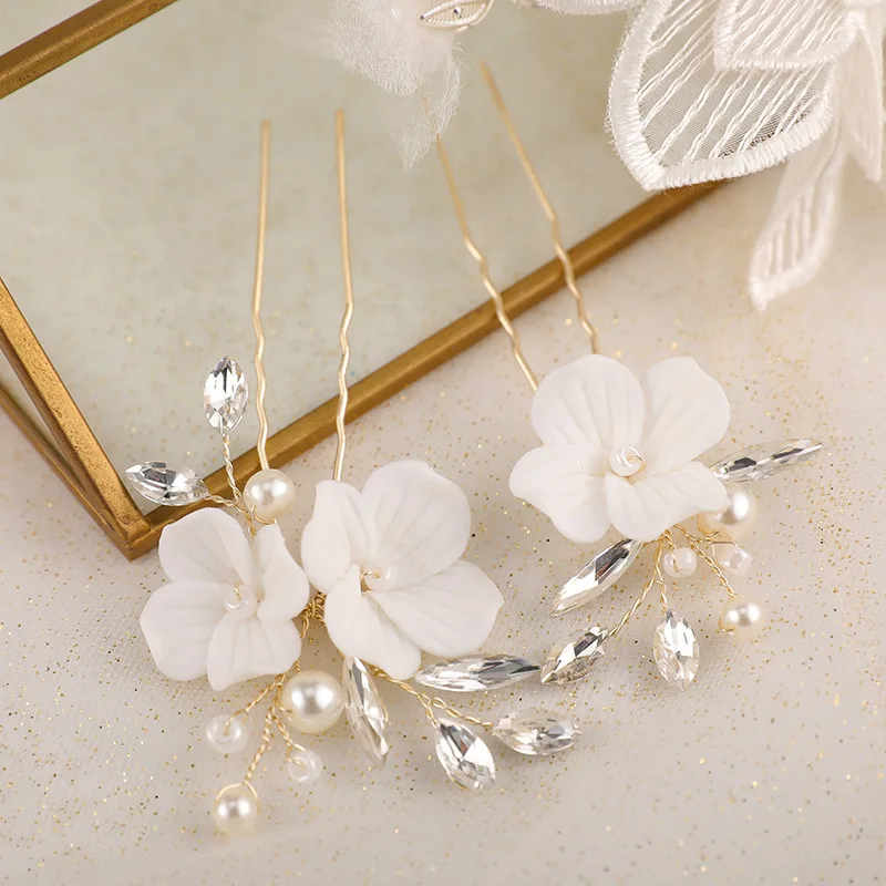 Floralbride Alloy Leaf Ceramic Flower Rhinestones Crystal Pearls Bridal Hair Pins Wedding Hair Sticker Women Hair Accessories