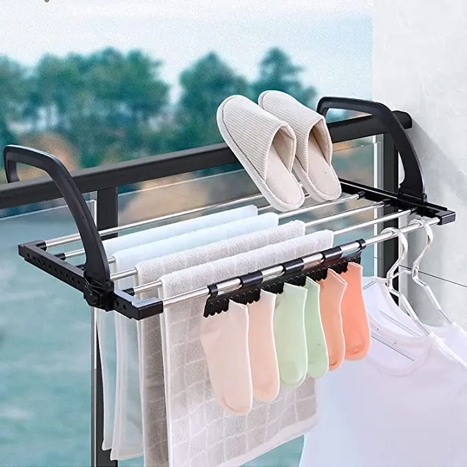 Portable Clothes Drying Rack for Balcony Folding Towel Rack Indoor Outdoor Adjustable Laundry Rack with Sock Clips Storage Rack