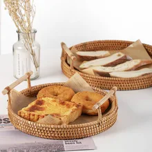 

Handwoven Rattan Storage Tray w/Wood Handle Round Picnic Basket Bread Basket Food Plate Fruit Cake Platter Dinner Tray