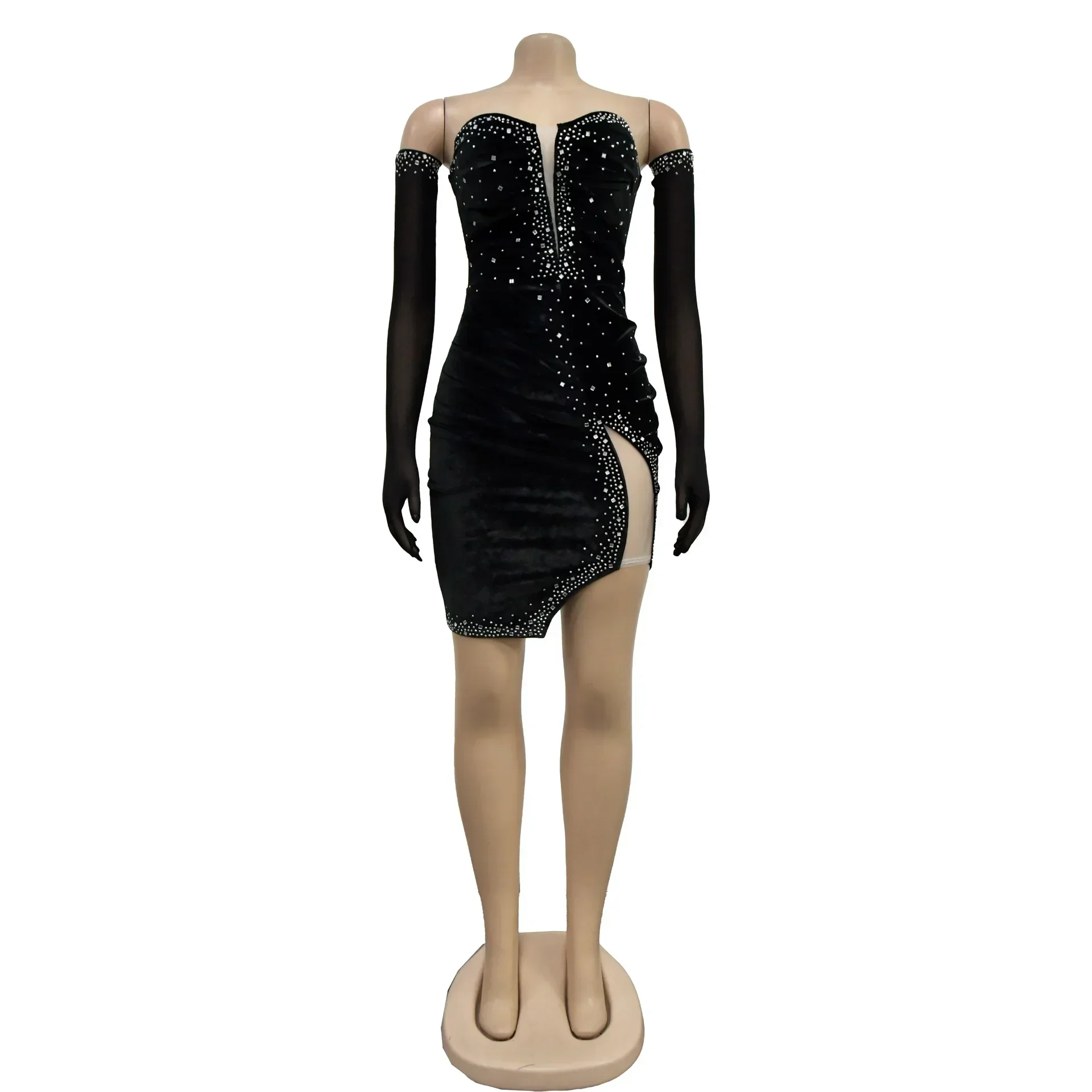 ANJAMANOR Rhinestone Mesh Velvet Short Dresses with Mesh Sleeves Gloves Red Black Blue Club Outfits for Woman Party D42-FG26 - AliExpress 200000345 ANJAMANOR Rhinestone Mesh Velvet Short Dresses with Mesh Sleeves Gloves Red Black Blue Club Outfits for Woman Party D42-FG26 - AliExpress 200000345