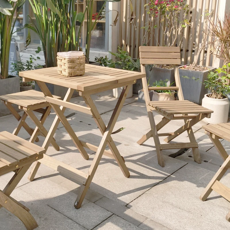 Balcony Wood Tables and Chairs with Backrest for Parties Leisure Folding Outdoor Courtyard Garden Coffee Convenient Dining Table